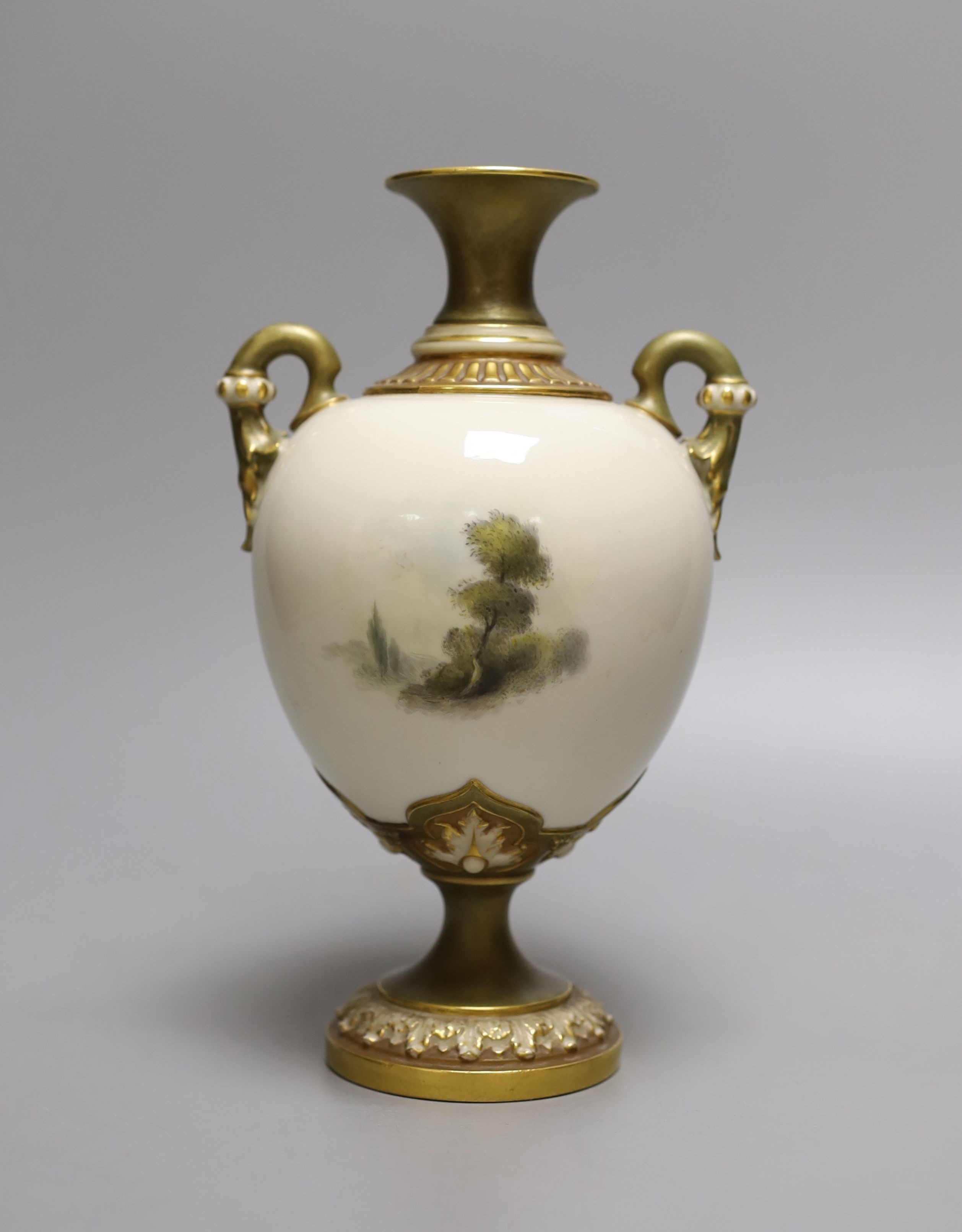 A Royal Worcester two handled vase painted with Caerphilly Castle by C. Johnson, c.1912, 21.5cm tall